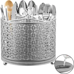 Rotating Utensil Holder for Kitchen  Silverware Caddy Fast-Drying Flatware Organizer 4 Compartment Large Cutlery Holder Utensils Caddy with Handle For Kitchen Countertop Party Picnic Table Silver