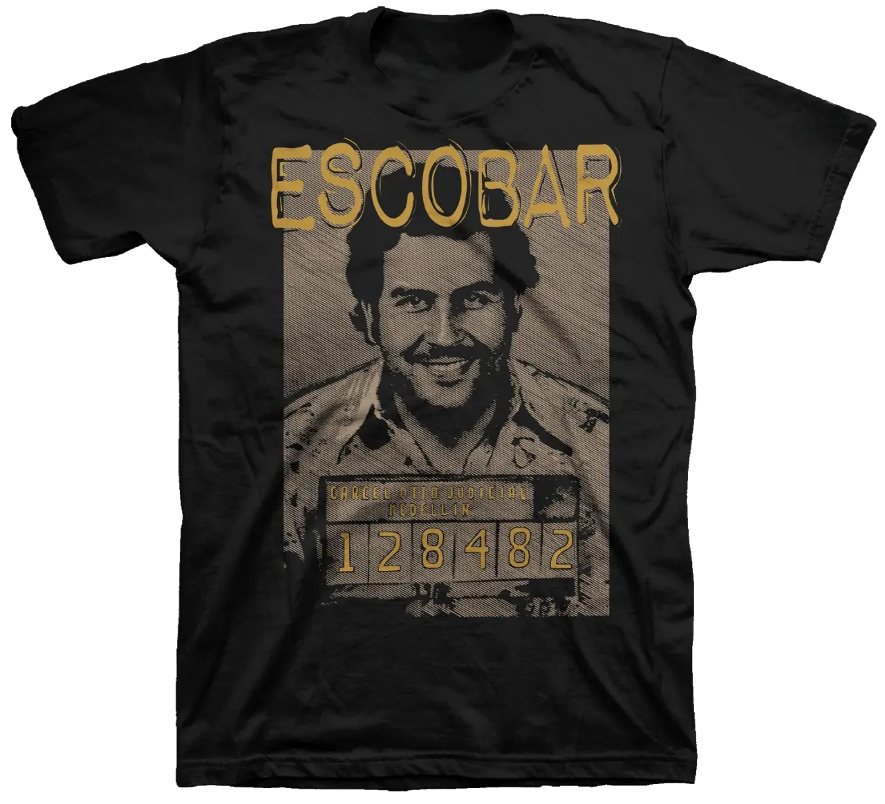 Men's 100% Cotton Pull On Short-Sleeve Round Neck Fitted Retro Basic T-Shirt - Domestic Garments Menswear Top, Pablo Escobar Mugshot Digital Print Narcos Medellín Kingpin El Patrón Inspired Casual Top, Athletic, Tshirt, Shortsleeve, Check Size Chart, Cold