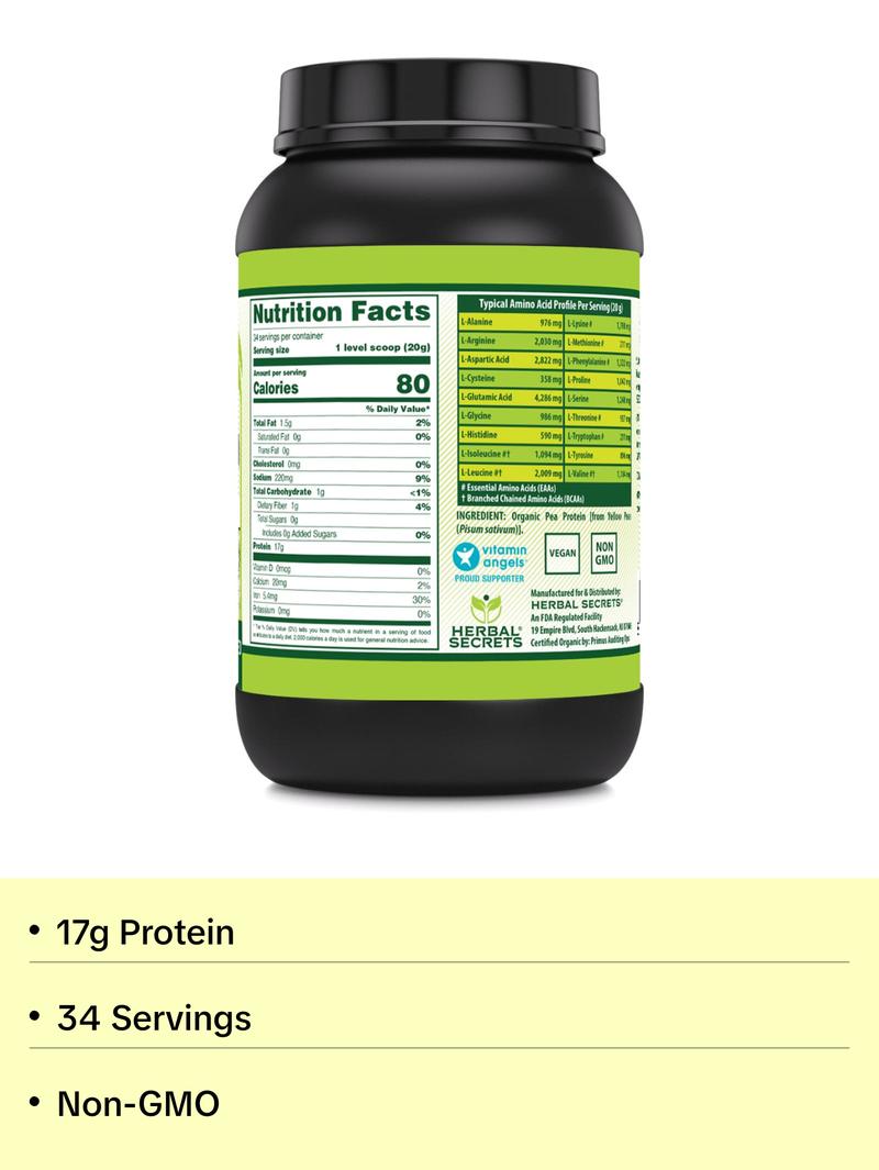 Herbal Secrets USDA Organic Pea Protein Powder | 2 Lb. | 17 Grams Protein per Serving | 34 Servings | Non-GMO | Gluten-Free | Made in USA