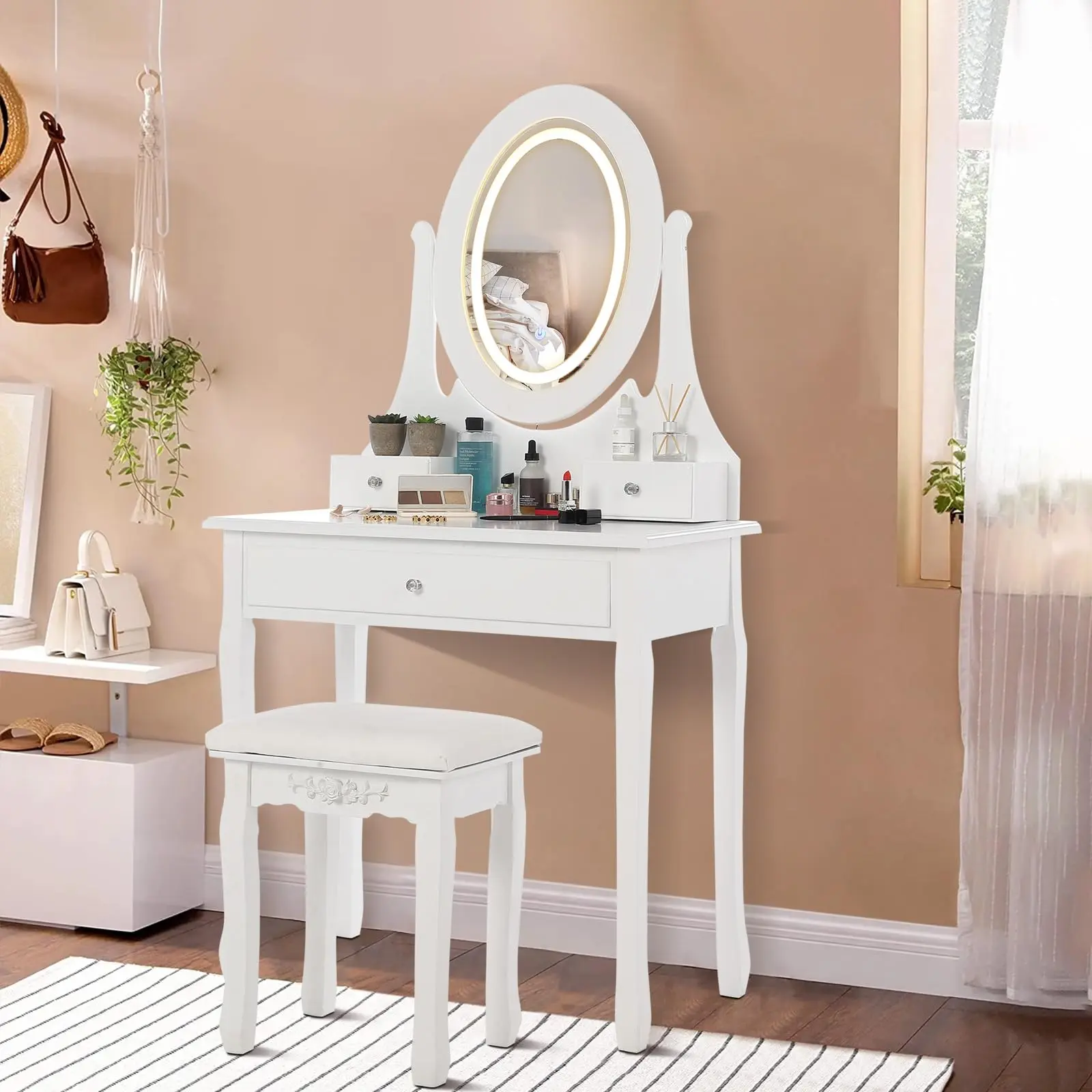 【GARVEE】Modern Vanity Table with LED Lighted Oval Mirror, 3 Color Lighting Modes, Cushioned Stool, and 3 Storage Drawers - Ideal Makeup Dressing Desk for Bedroom, White