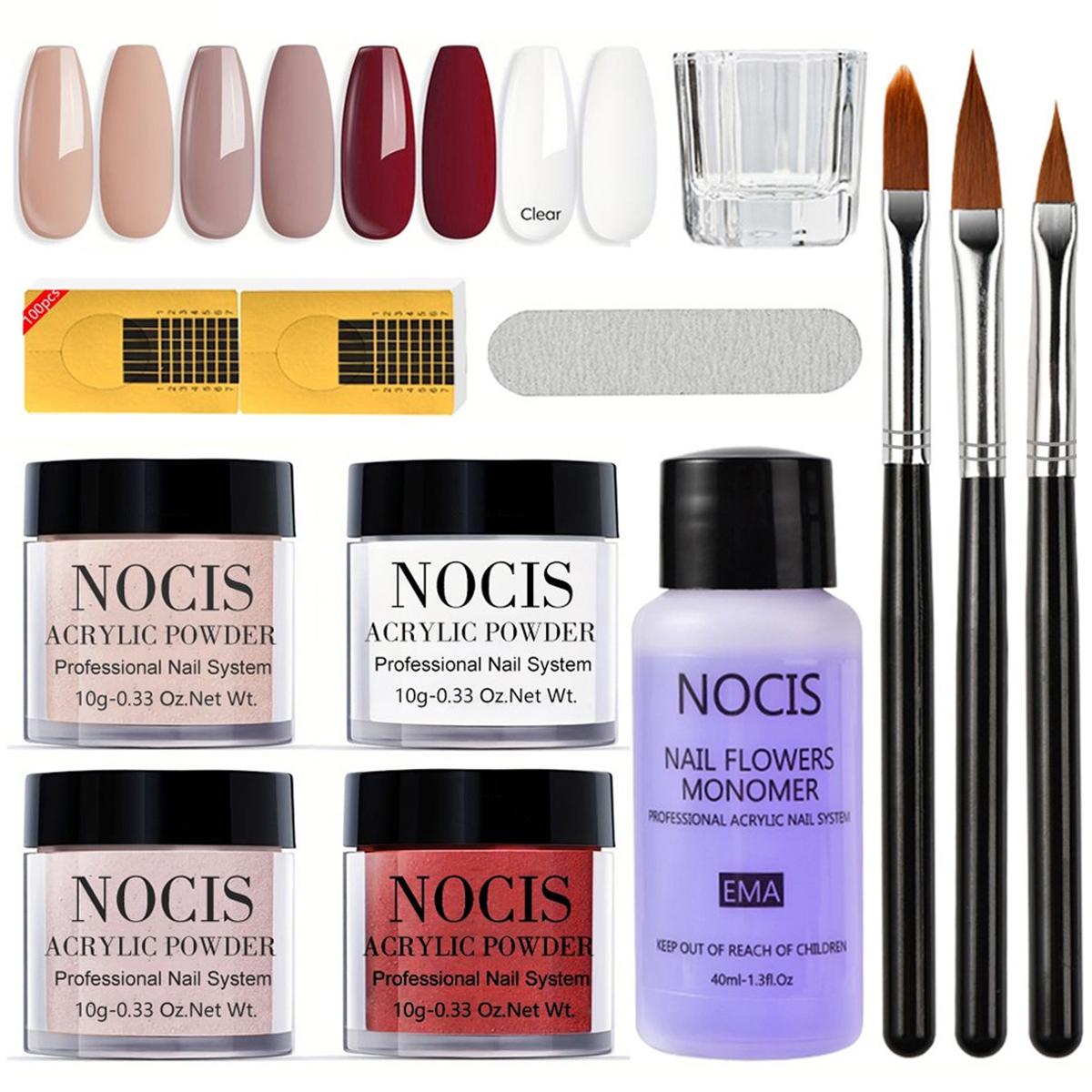 4 pcs 10g Acrylic Powder Set, Professional Acrylic Nail Powder Kit with Nail Brush & Liquid Monomer, for Acrylic Nails Extension, Carving & Nail Art, Manicure Tools for Nail Techs