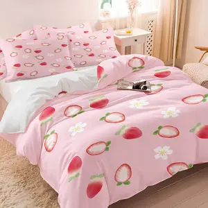 Pink strawberry print bedding set 2/3 PCS, Includes 1 Fitted Sheet & 2 Pillowcases without Filler, sweet and soft, comfortable to touch, build a warm bedroom style.