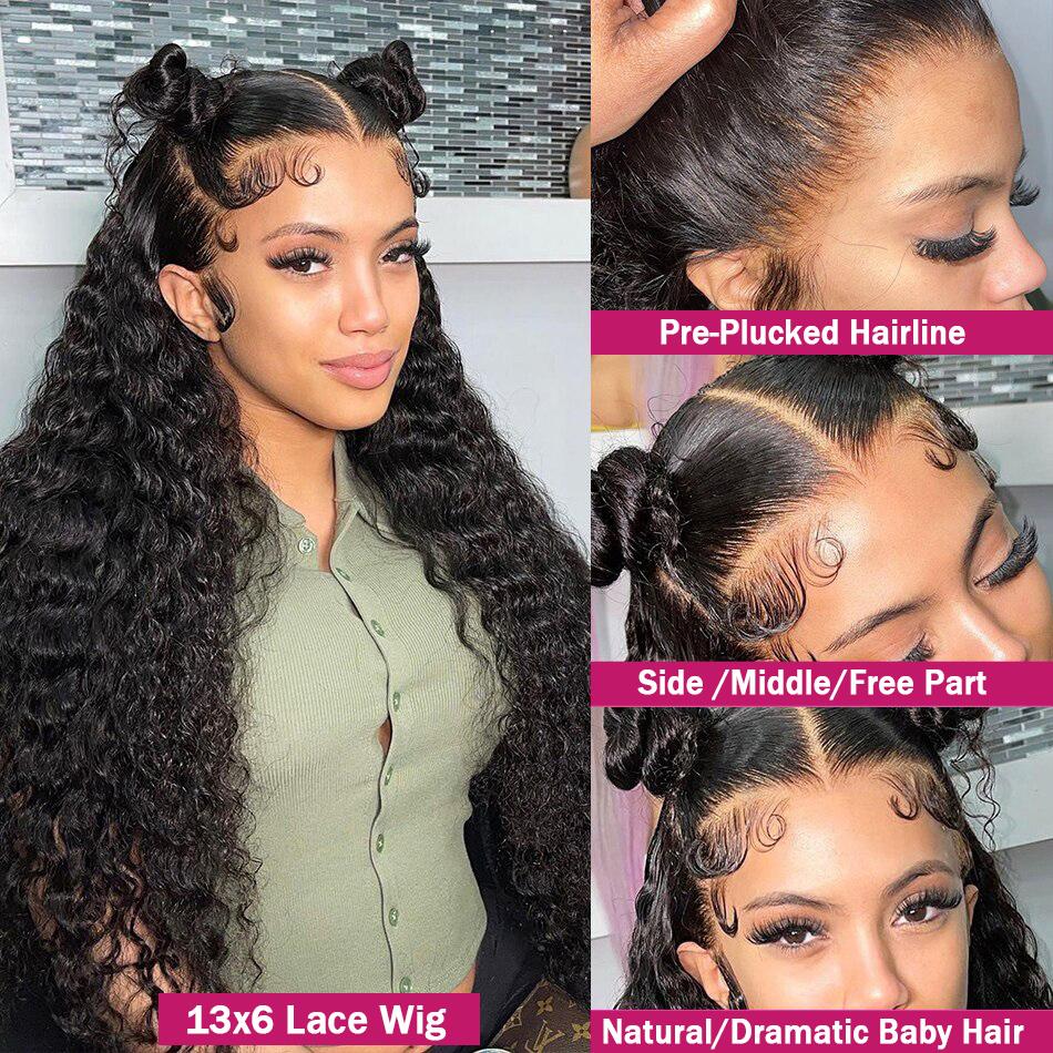 40 38Inch Deep Wave 13x6 Lace Front Wigs Drawstring Glueless Wig Human Hair 180 Density 13x4 HD Lace Frontal Wigs Human Hair Pre Plucked Deep Curly Glueless Wigs Human Hair for Women Natural Black