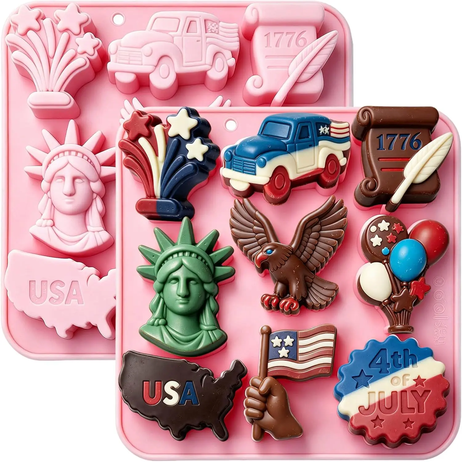 Independence Day Chocolate Molds 2 Pack, Patriotic 4th of July Silicone Candy Molds with Statue of Liberty American Flag Eagle Stars for Cake Decorating, Jello, Ice Cubes, Candles, Soap & Resin Craft