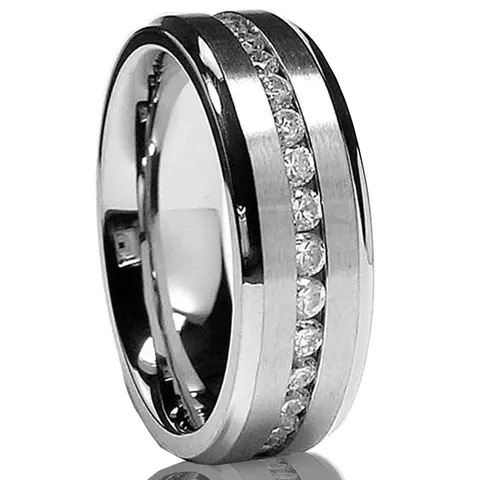 Men's 7mm Titanium Channel Eternity Ring - Hypoallergenic, CZ Artificial Gemstone Adorned, Mens Wedding Bands, Sizes 5-13, Male Engagement & Anniversary Gift, Men's Accessories