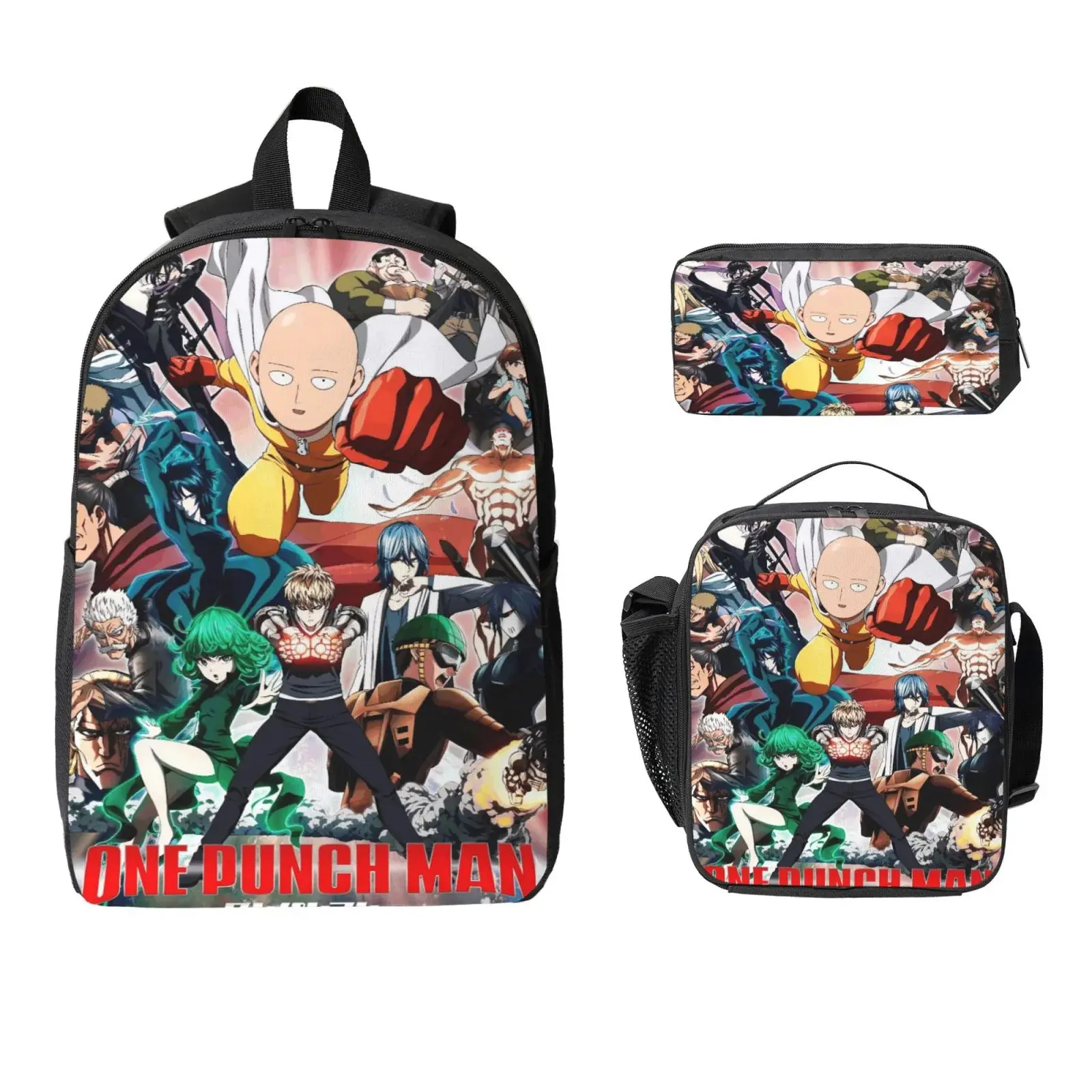 One Punch Man 3PCS Backpack Set, Durable 600D Oxford Cloth School Bag with Lunch Box & Pencil Case Combo, Adjustable Breathable Strap, Fits 15in Laptop for Kids Teens School Travel Outdoor