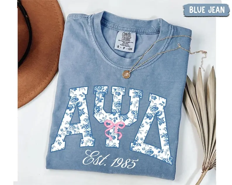 Comfort Colors® Custom Sorority Shirt Sorority Initiation Gift, Blue Toile Greek Letter Tee