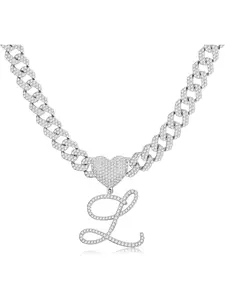 1 Pc Cursive Gold Initial Pendant Necklace Iced Out Miami Cuban Link Chain for Women 18K Gold Plated Alphabet Letter Pendant Choker Hip Hop Chain Trendy Rapper Elegant Necklace