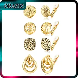 ORAZIO Women's 4Pairs Clip-On Earrings Set Gold Silver Chunky Teardrop Twist Round Stud No Piercing High-Quality Alloy Ear Clips for Any Occasion