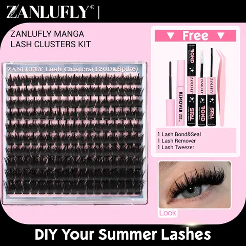 Zanlufly D Curl Manga Eyelash Clusters Kit for Adults, 10-18mm 0.07mm 120D Full Wet Wispy Dramatic Lashes, Complete Lash Extension Kit with Tweezer, Bond, Seal & Remover (TikTokShopBlackFriday)