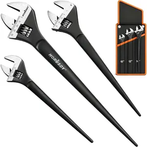 3- Adjustable Spud Wrench Set, 10", 12", 16", CR-V Steel, SAE & Metric Scale, Black Oxide Finish, Heavy Duty Wrenches for Construction, Mechanical Repair, DIY and Outdoor Projects