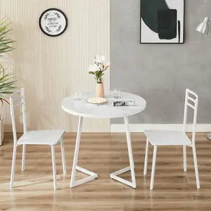 Small Round Dining Table Set For 2, Wood Tabletop  Strong Metal Frame, Modern Dinette  Chairs For Kitchen, Breakfast Nook Living Room, Faux Marbled & White Mirrored Console with Inlay Marble Mobile Standing Desk Wheels