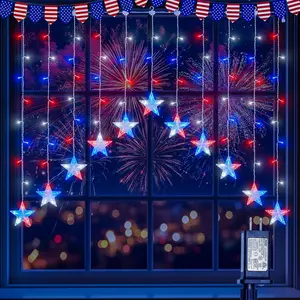 4th of July Patriotic Star Icicle Lights,118LED Red White and Blue Curtain Window Lights,Connectable Star String Light Plug in for Independence Day,Garden,Fourth of July Decorations