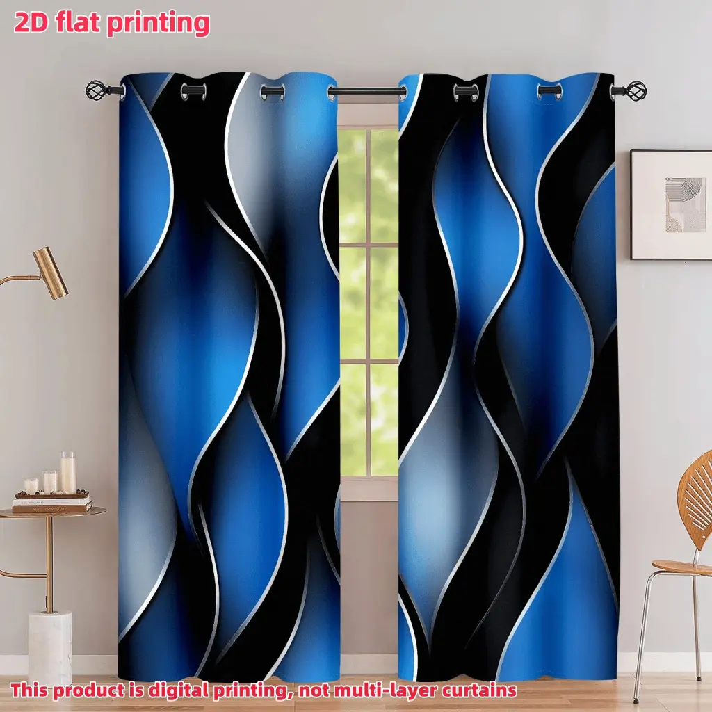 2D Flat 2Pcs Abstract Blue Black Waves Eyelet Curtains, Modern Design Half Shading Window Drapes for Living Room Bedroom Home Decor, Privacy Protection Treatment .