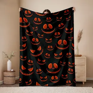 1pc Halloween Pumpkin Flannel Blanket - 280gsm Soft & Cozy, Black with Orange Jack-O'-Lanterns Design, Perfect for Bedroom, Dorm, or Festive Decor, All-Season Use, Festive Bedding| Playful Design| Plush Texture, Halloween Decorations