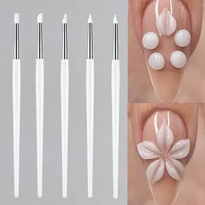 5-Piece Nail Art Brush Set with Silicone Tips, Professional Tools for Trimming, Engraving, Embossing & Dotting Acrylic Nails, Manicure Brush