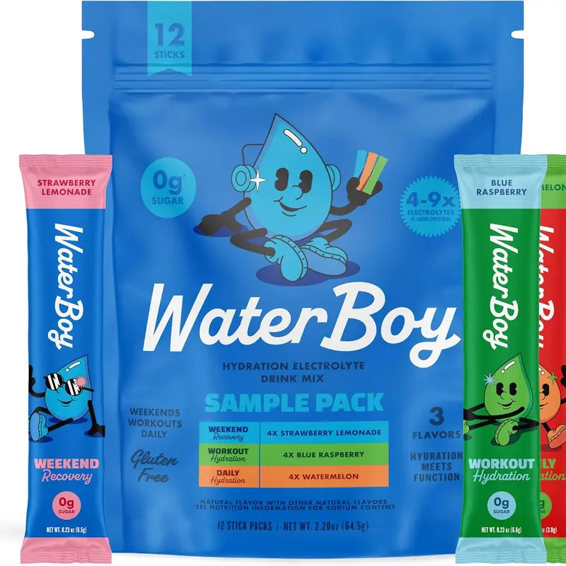 Waterboy Hydration Recovery Variety | 4-9x Electrolyte Powder Packets | Ginger + L-Theanine + L-Glutamine + Vitamins | No Sugar, All Natural, Gluten Free | 12 Drink Stick Mixes (Variety Pack)