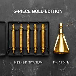 Ultimate Screw Rescue Kit - Remove Stripped Screws & Fix Bolts, Gold Titanium HSS 4341 Easy Out Set (6Pcs)