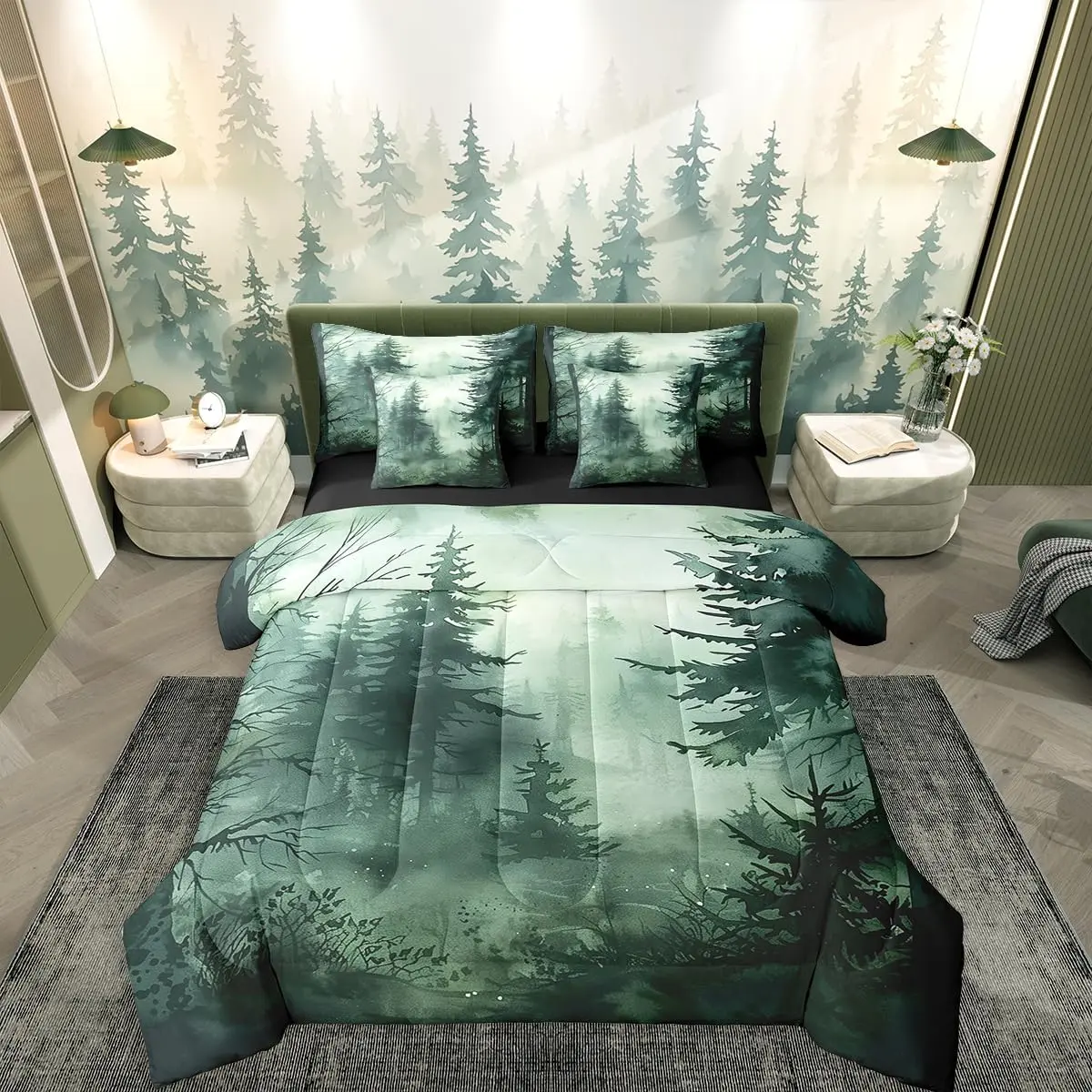 Forest Comforter Set with Sheets Green Nature 7 Pcs Bedding Set Smoky Misty Trees Bed in A Bag for Mens,Woodland Natural Plants Bedding Comforters