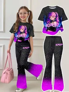 K-Pop Cyberpunk Gradient Glitter Set, Colorblock Anime Print Short Sleeve Bell Bottoms Two-Piece Suit