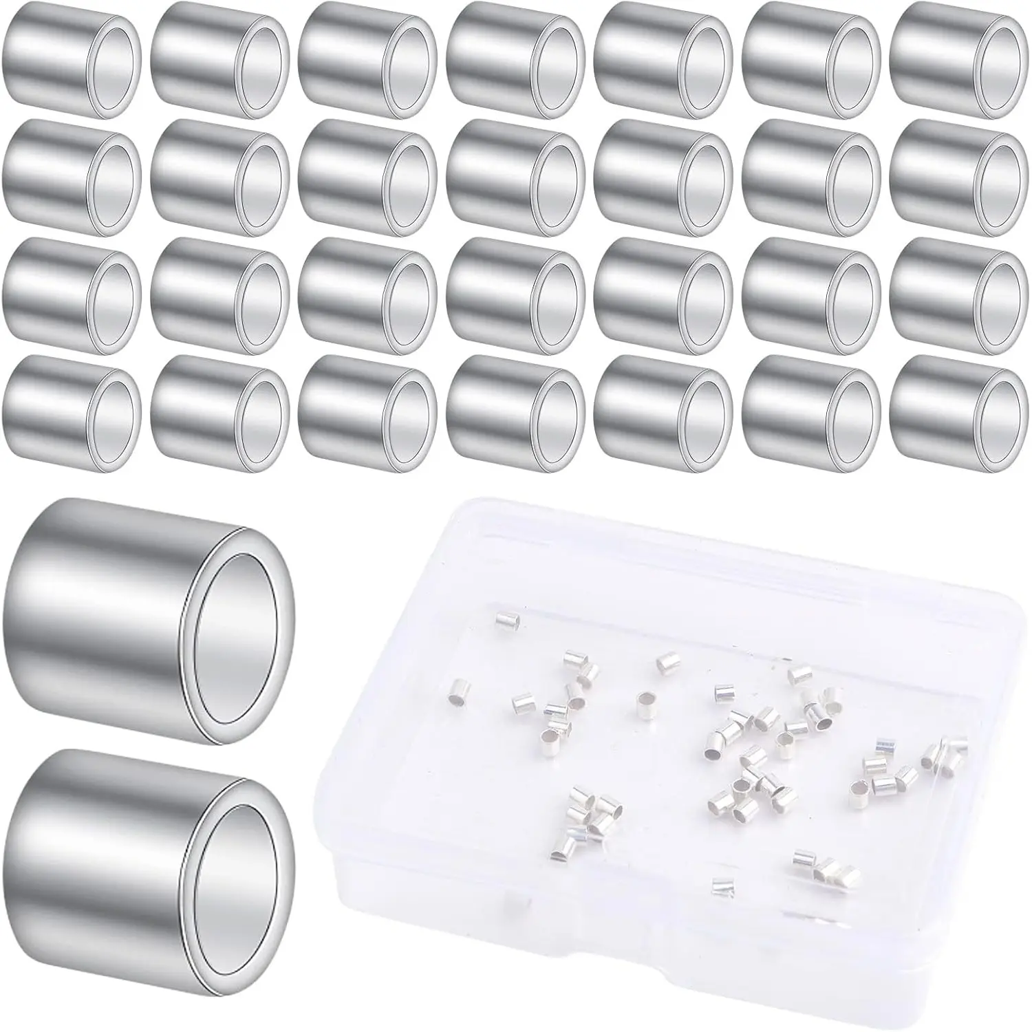 50pcs 2 mm 925 Sterling Silver Crimp Tube Beads Column Crimp Spacer Beads Cord Cover Tips End Loose Stopper Beads with a Box for DIY Bracelet Jewelry Making Supplies