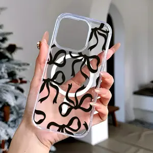 Black Bow Compatible with iPhone 16 15 Pro Max Plus 14 13 12 mini 11 X XR XS Beautiful Gift Selection Durable shockproof Anti-Scratch PC Protective Case Design Pattern It Offers Shockproof Protection And Supports Magnetic Wireless Charging
