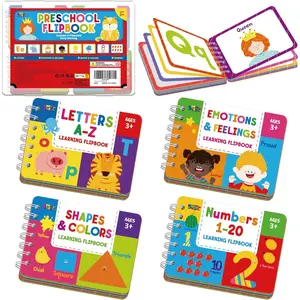 4 Preschool Learning Flipbooks, 96PCS Double Sided Printed Cards Set, Alphabet Letter A-Z, Number 1-20, Feelings and Emotions, Shapes and Colors Mini Board Books Early Educational Tool for Kids