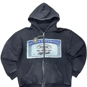 BLOODLINE Washed Black Social Security Zip Hoodie Streetwear Skull Graphic Retro Grunge Aesthetic Oversized Heavyweight Vintage Style Apparel Urban Fashion Essential Cotton Sweatshirt for Hype Fans Casual Menswear with Kangaroo Pocket