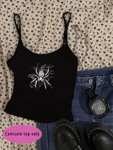 Women's Spider Web Print Cami Top, Casual Comfy Cami, Y2K Fashion Casual Fitted Sleeveless Design Adjustable Strap Top for Daily Outdoor Wear, Ladies Clothes for All Seasons, Womenswear