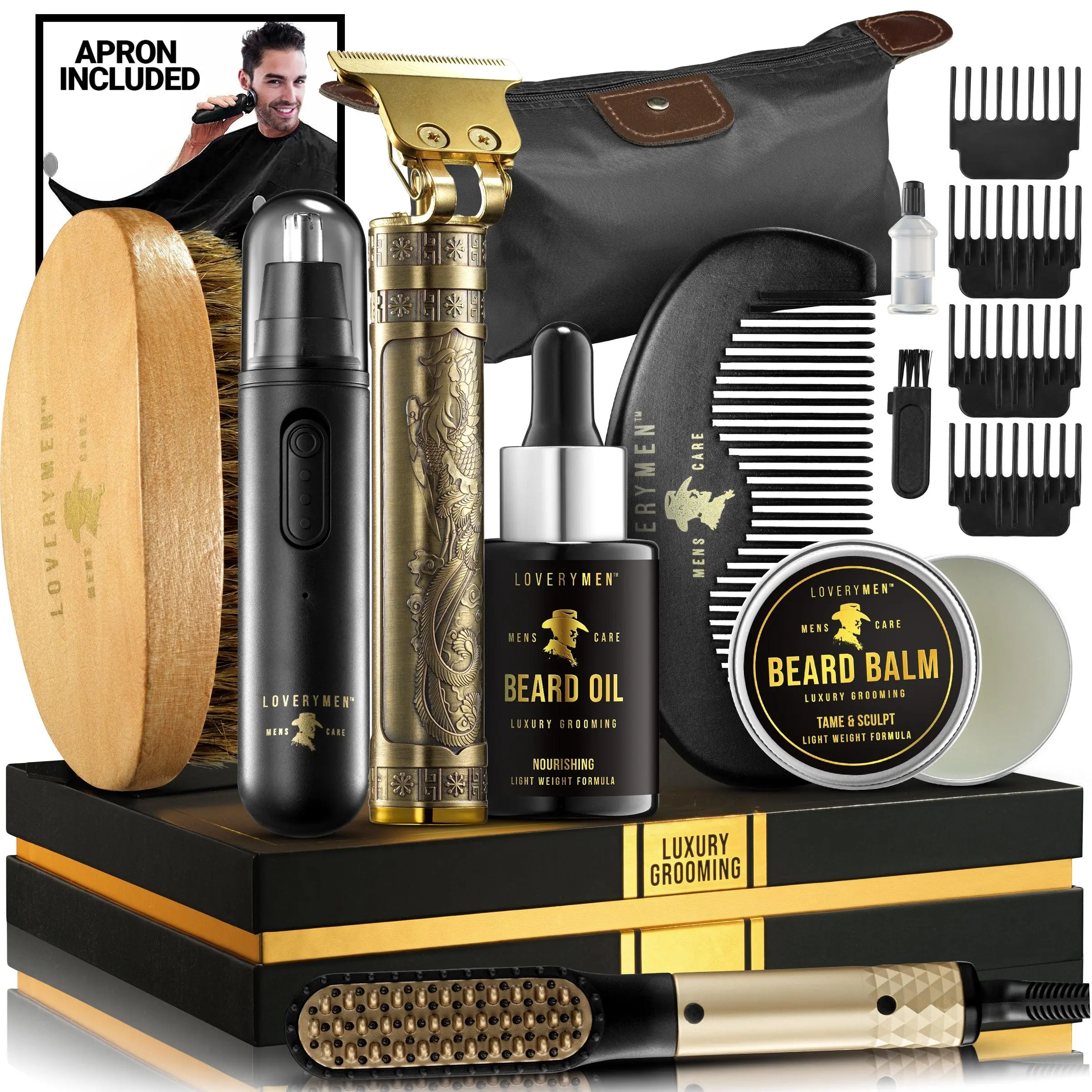 Lovery Men Beard Grooming Kit — Trimmer, Jojoba Oil & Shea Butter — 15pc Gift Set
