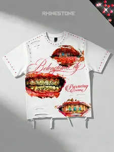 Hot water diamond t-shirt, sexy lip print short sleeved t-shirt for men and women, Soft, cotton t-shirt, European American street fashion t-shirt, Y2K style, Streetwear, Unisex