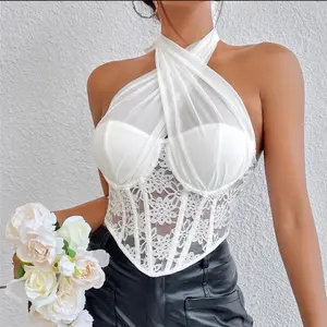 Lourdes top - criss cross neck, built in bra cup, corset top with diamond studs, 95% polyester 5% spandex Womenswear