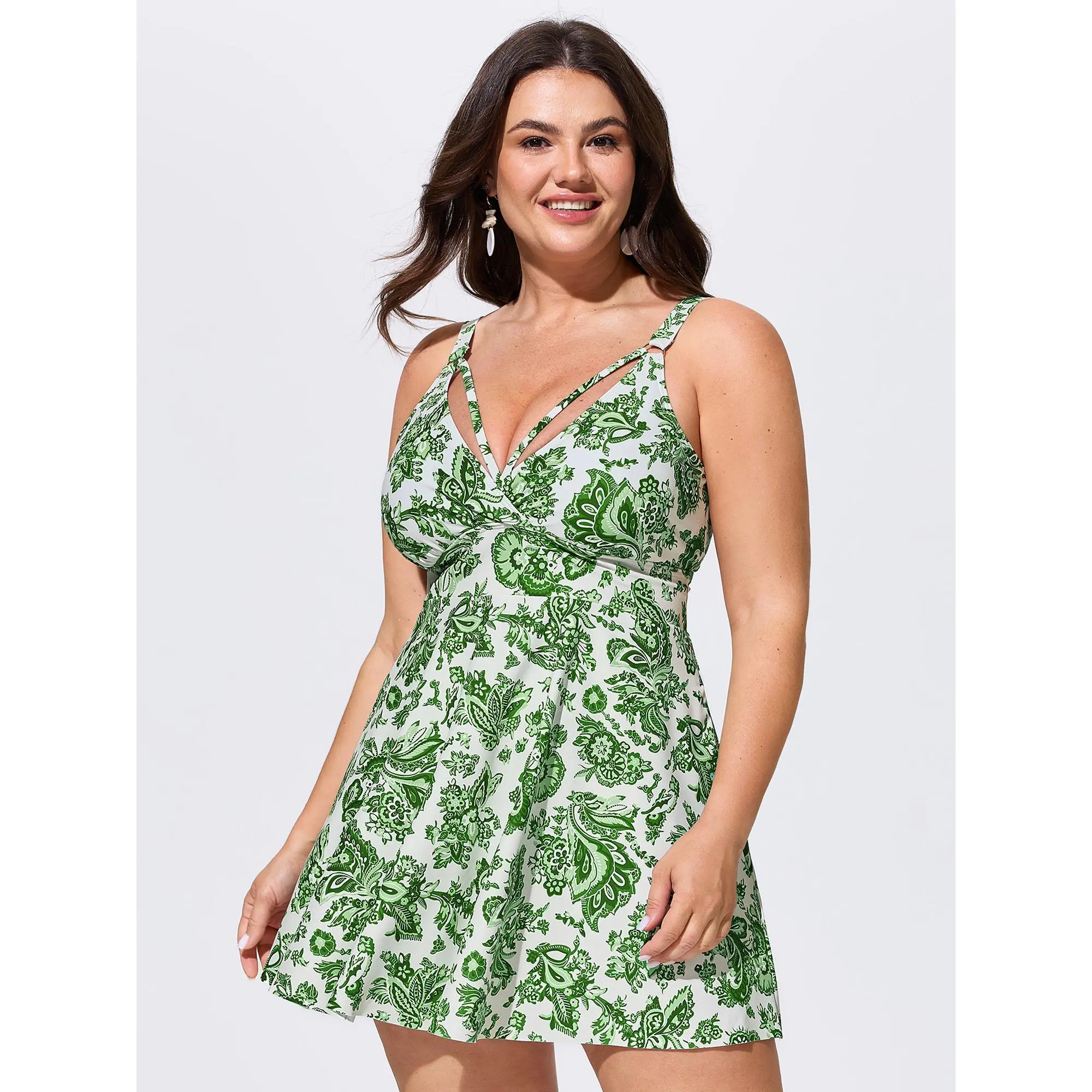 BloomChic Women's Plus Size Paisley Print Fit and Flare Swim Dress Chlorine Resistant 1-Piece Swimsuit with Pockets and Cut-Out Swimsuit For Women Swim Dresses,Summerfinds