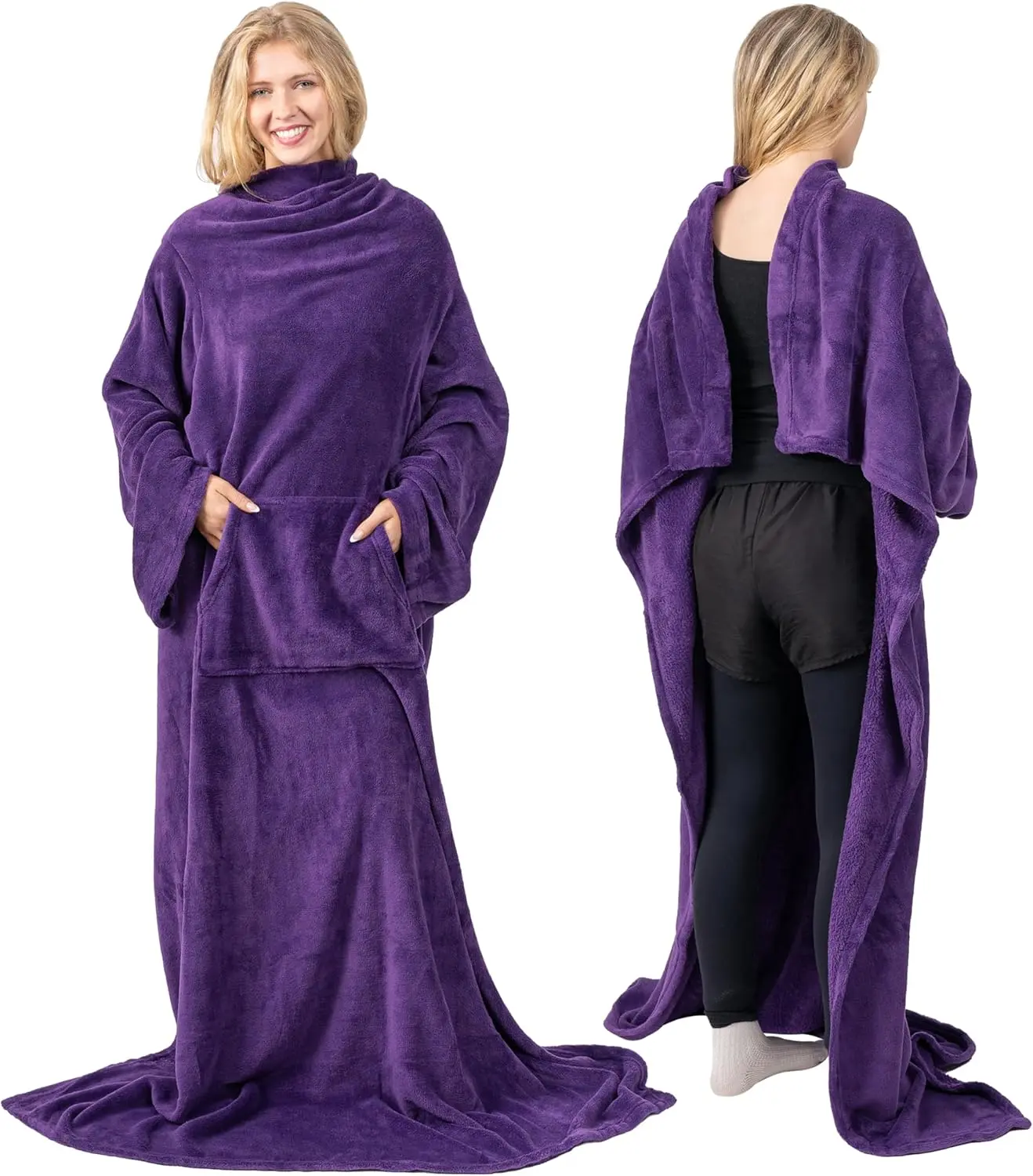 Blanket with Sleeves for Adult Women Men, Soft Warm Wearable Blanket Fleece Wrap Throw, Robe Blanket