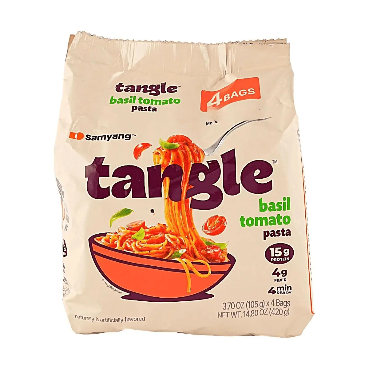 Samyang Korean Tangle Basil Tomato Pasta 4-Pack (420g) - High Protein Air-Dried Noodles for Quick & Healthy Meals