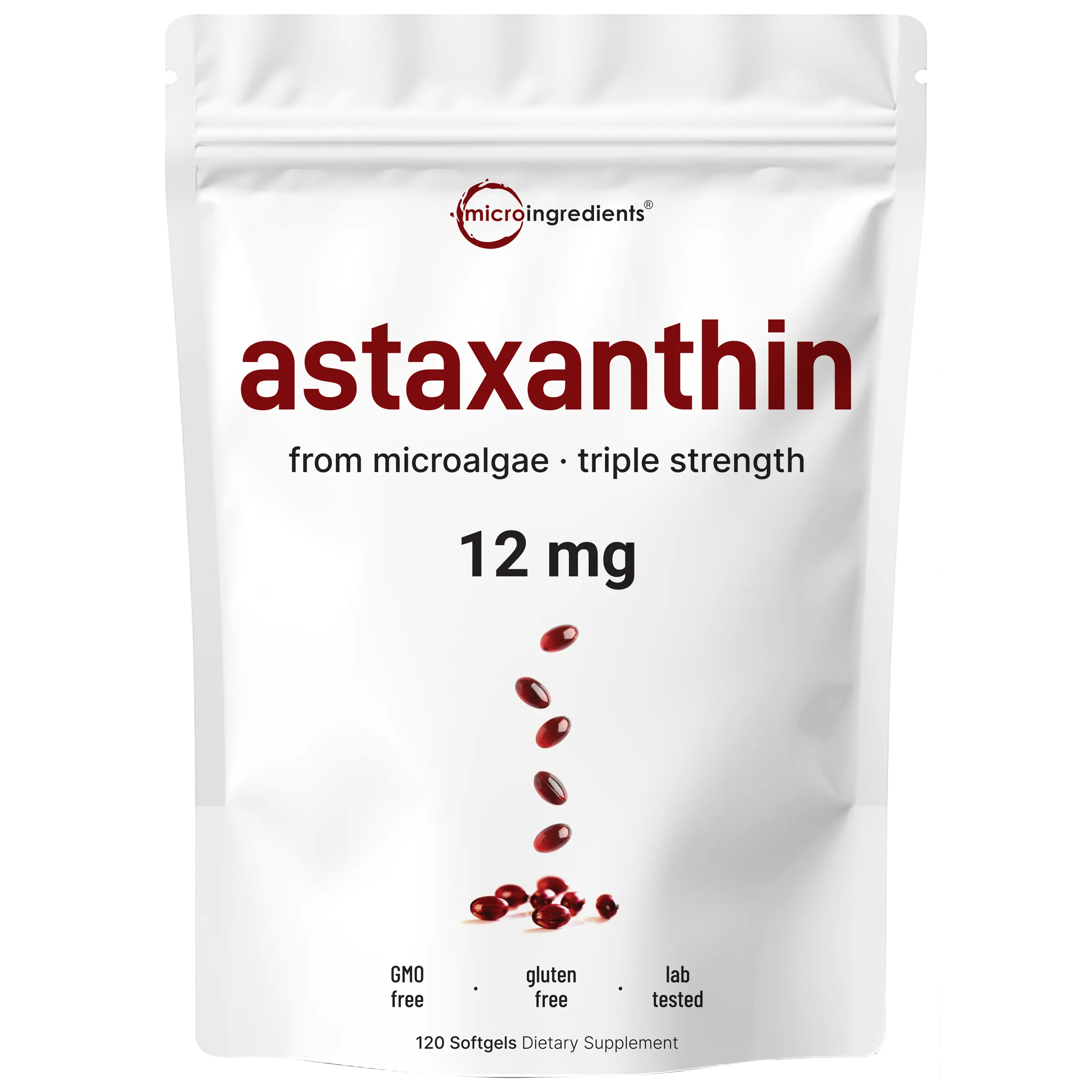Micro Ingredients Astaxanthin 12mg, 120 softgels, tanning pills, Strength Carotenoids Skin Supplement w. 100% Natural Astaxanthin from MicroAlgae