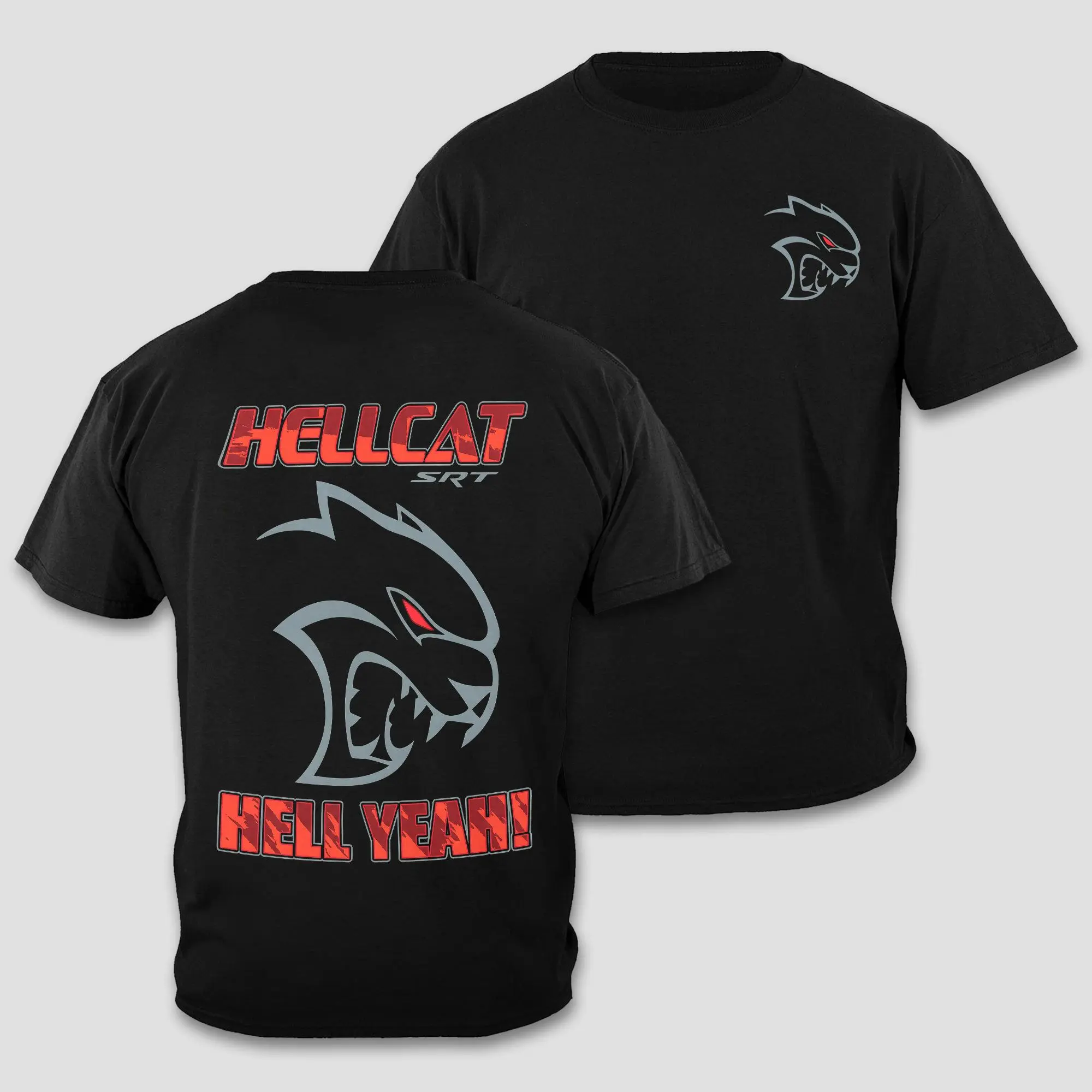 Hellcat SRT T-Shirt, Classic Hellcat Emblem Front Chest Print, Hell Yeah Graphic Top, Retro Supercharged Muscle Car Shirt, Automotive Machinery Gear, Street Racing Workwear, Men Women Short Sleeve Premium Black Cotton Apparel Gift For Car Enthusiast