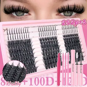 252pcs Eyelash Extension Set Single Eyelash Tuft, 10-16Mm Mix 80D 100D 120D Lash with Eyelash Bonding & Tweezers for Beginners, Exquisite Gift Set Exquisite Gifts, New Year Gifts, Valentine'S Day Gifts, Fluffy Eyelashes