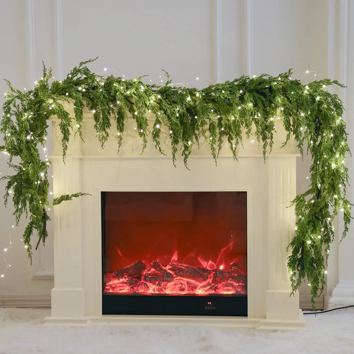 6ft Christmas Garland with String Lights, Real Touch Cedar Pine Garland, Green Artificial Greenery Garland for Table, Mantle, Wall, Indoor, Outdoor Christmas Decorations