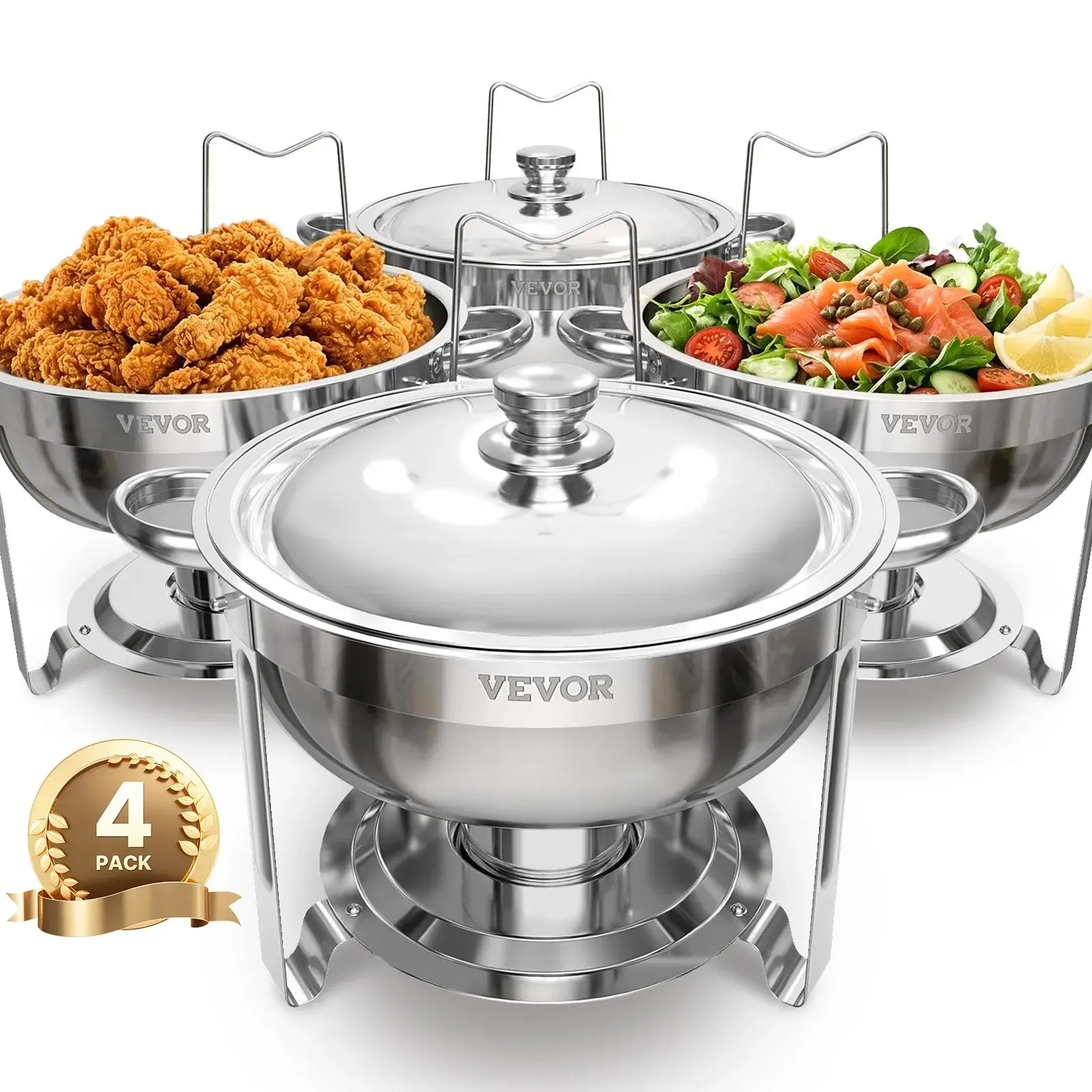 【Summerfinds】VEVOR Chafing Dish Buffet Set, 5 Qt 4 Pack, Stainless Steel Chafer with 4 Full Size Pans, Round Catering Warmer Server with Lid Water Pan Folding Stand Clip, for Weddings Parties Banquets, Silver