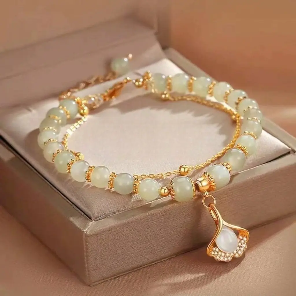 Natural Celadon Jade Double Layer Bracelet 18K Gold Plated Ginkgo Leaf Pendant Lucky Beaded Jewelry for Women, Dainty Stackable first Bracelets with Adjustable Chain, Ideal Gift for Her, Oriental Zen Style Fashion Accessory