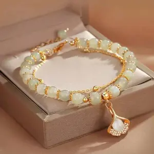Natural Celadon Jade Double Layer Bracelet 18K Gold Plated Ginkgo Leaf Pendant Lucky Beaded Jewelry for Women, Dainty Stackable Bracelets with Adjustable Chain, Ideal Gift for Her, Oriental Zen Style Fashion Accessory