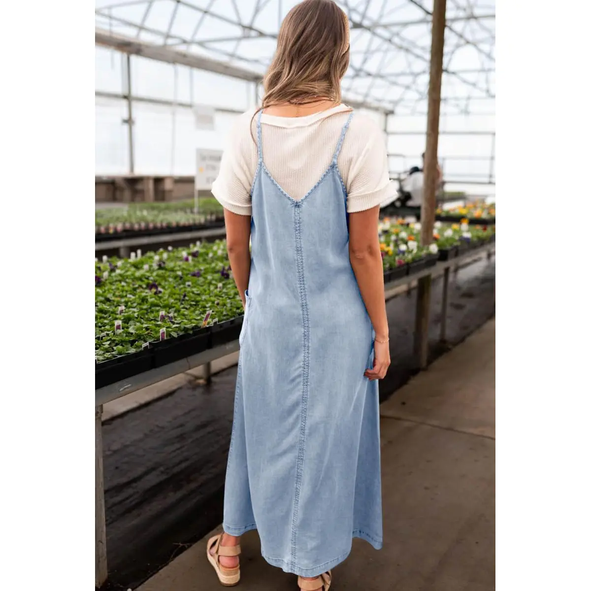 Chouyatou women's V-neck denim overalls dress with adjustable spaghetti straps casual denim maxi skirt, Casual Wear, Maxi Dress For Women, Denim Dresses
