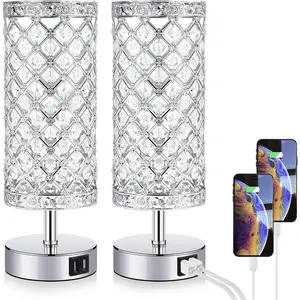 Touch Control Crystal Table Lamp Nightstand Lamps with 2 USB Charging Ports, 3-Way Dimmable, K9 Crystal Decorative Desk Lamp for Bedroom, Girls Guest Room, Living Room, Bulbs Included