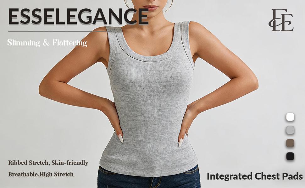 EssElegance Ribbed Workout Tank Tops for Women with Built in Bra Tight Racerback Scoop Sports Tank Neck Athletic Top for Summer And All Seasons Womenswear Bras