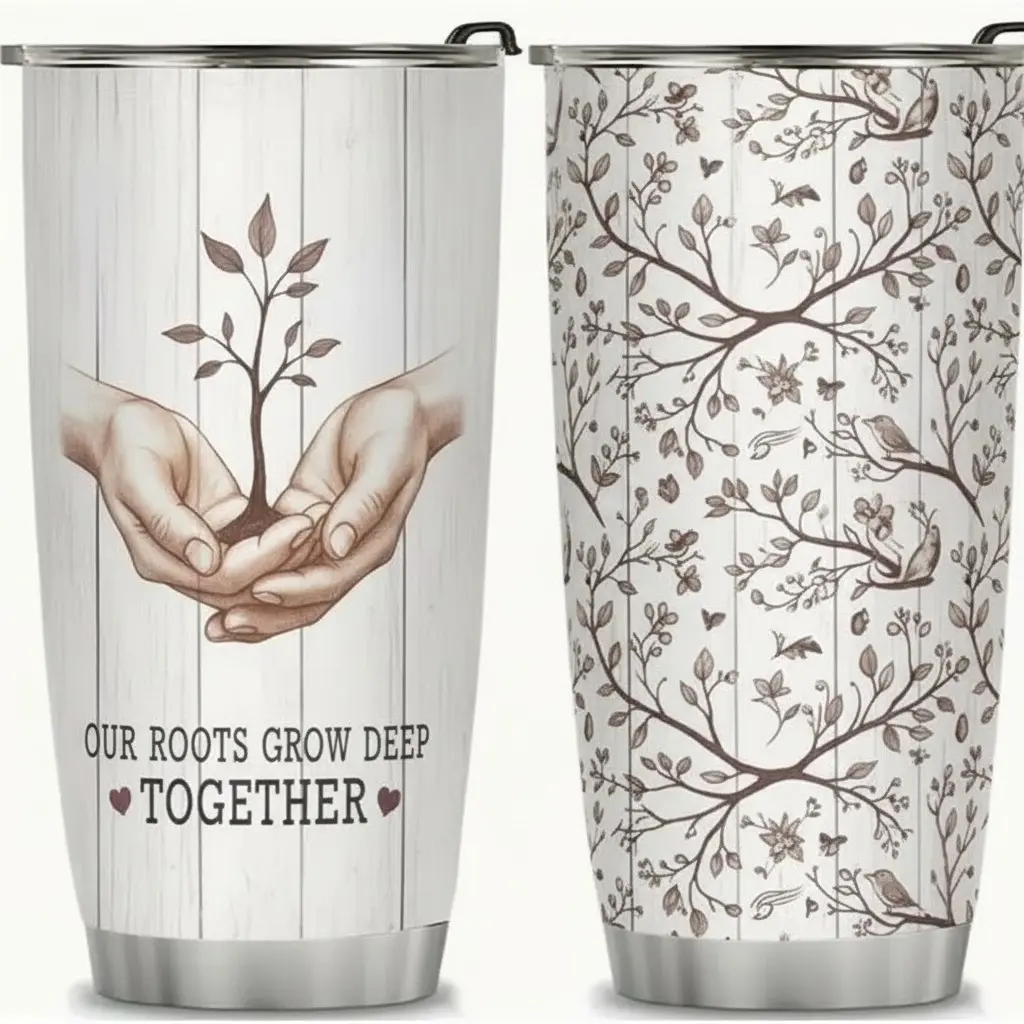 Romantic Partner Gift - "Our Roots Grow Deep Together" Nurturing Hands & Flourishing Tree Sketch - 20oz Stainless Steel Tumbler for Husband Wife, Perfect for Honoring Deep, Growing Shared Bond & Enduring Love