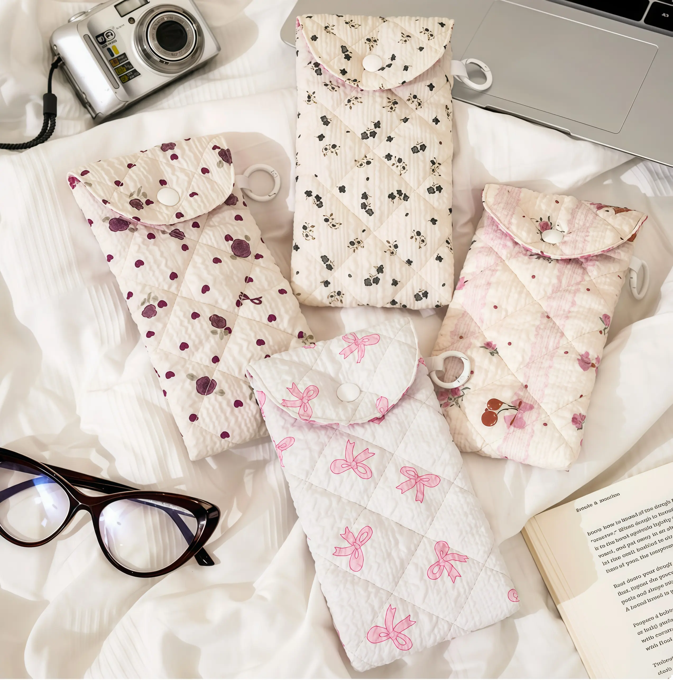 Women's Elegant Floral & Bow Print Quilted Glasses Cases (4PCS) - Soft Fabric Sunglasses Pouch with Snap Button, Female Everyday Eyeglass Holder That Prevents Accidental Drops