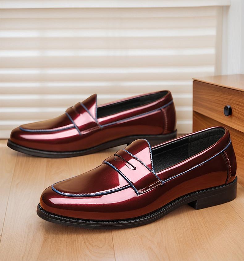 Men's Contrast Stitch Penny Loafers, Glossy Slip-On Formal Dress Shoes8662