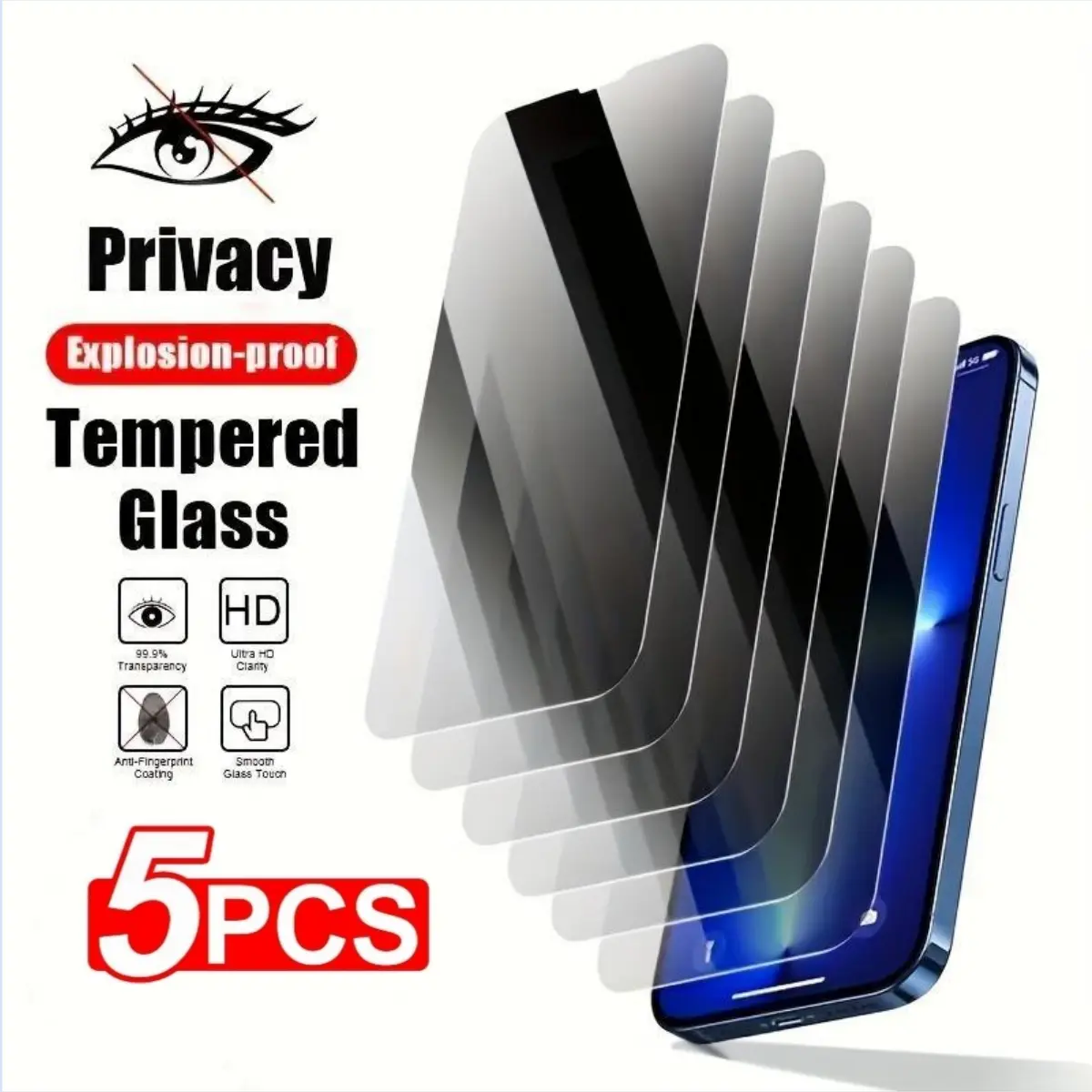 5 pieces of anti peeping screen protector suitable for iPhone 16 Pro max 16E 14 13 15 17 12 11 Air Pro Max Plus privacy explosion-proof phone tempered glass protective film cover