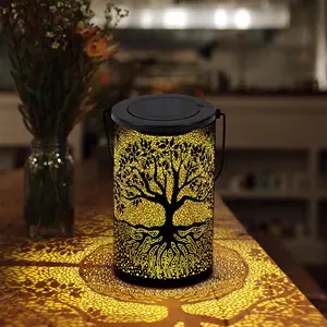 Solar Powered Tree Pattern Hanging Light, Outdoor Garden Solar Viewing Light, Hollow Out Tree Decorative Ambiance Hanging Lantern for Garden Patio Deck